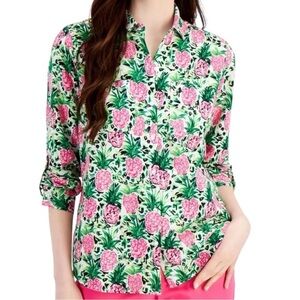Charter Club Womens Size XS Pink Green White Pineapple Linen Button Up Top Shirt